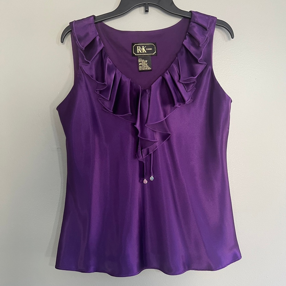 R&K Evening Purple Satin Ruffle V-Neck Sleeveless‎ Blouse Top Large jewel tone